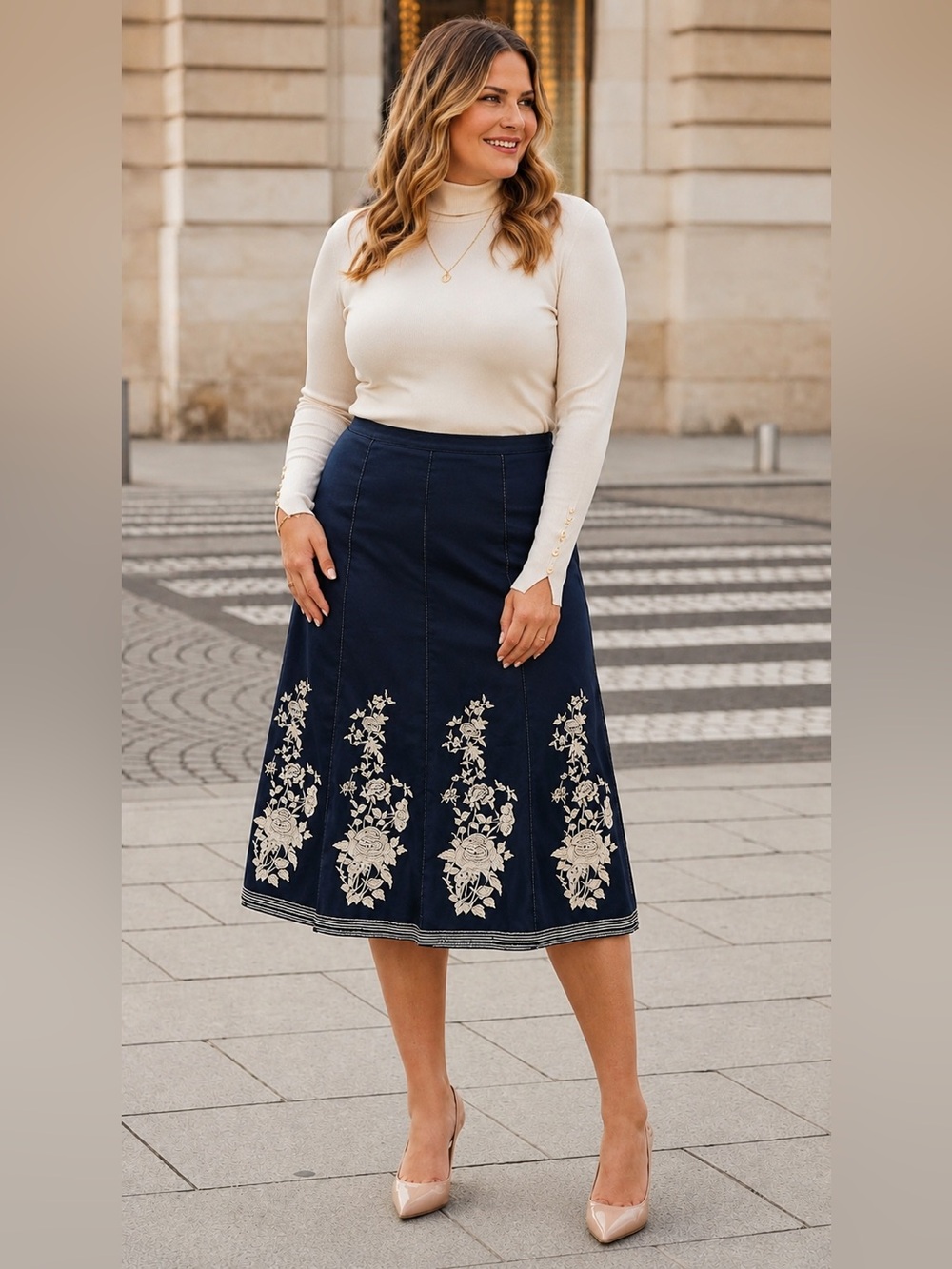Nygård Collection Embroidered Navy Midi Skirt Size 12 Like New Floral A-Line